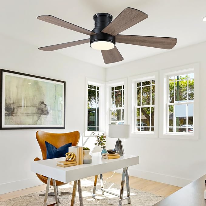 Hounberi 52 Inch Flush Mount Ceiling Fan with Lights and Remote, Modern Quiet DC Motor Low Profile Ceiling Fan for Low Ceilings, 5 Reversible Blades, 6 Speeds Dimmable, Indoor Outdoor Bedroom, Black