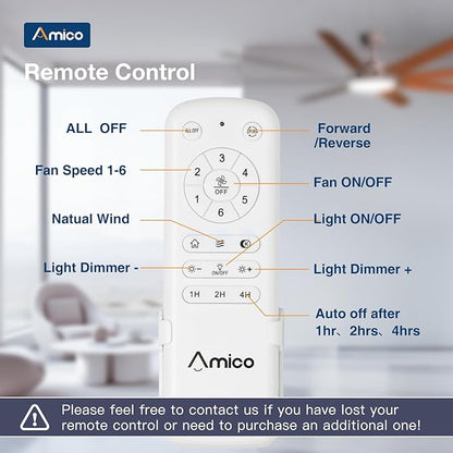 Amico 80 inch Ceiling Fans with Lights,Large Ceiling Fan with Light and Remote Control, Dimmable, 6 Speed Reversible Quiet DC Motor, Brown Modern Ceiling fan For Living Room, Bedroom, Kitchen, Patio