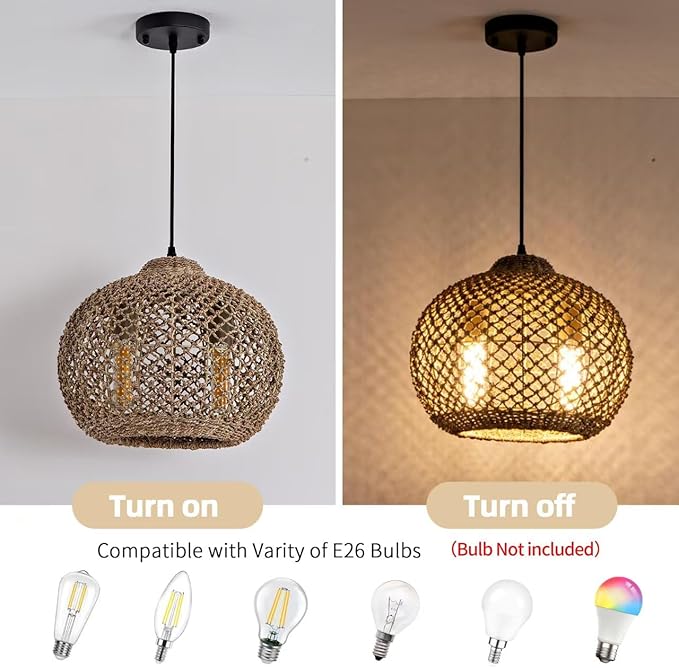 2-Light Rattan Pendant Light, Farmhouse Rattan Chandelier Boho Hand Woven Wicker Hanging Light Fixture for Kitchen Island Living Room Bedroom Dining Room Foyer
