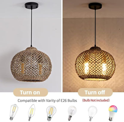 2-Light Rattan Pendant Light, Farmhouse Rattan Chandelier Boho Hand Woven Wicker Hanging Light Fixture for Kitchen Island Living Room Bedroom Dining Room Foyer