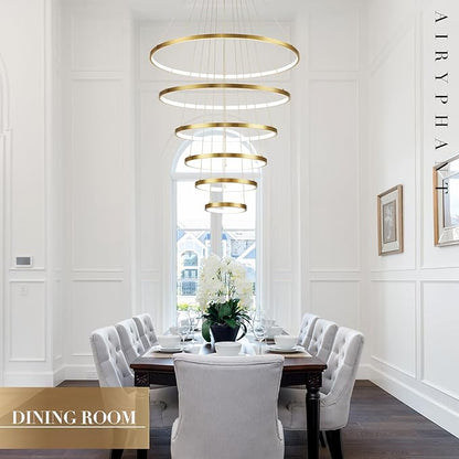 Modern 31" Big LED Chandeliers for High Ceiling 6 Rings Gold Chandeliers with Remote Control Dimmable Large Contemporary Ceiling Pendant Light for Foyer Living Room 3000K-6000K Selectable