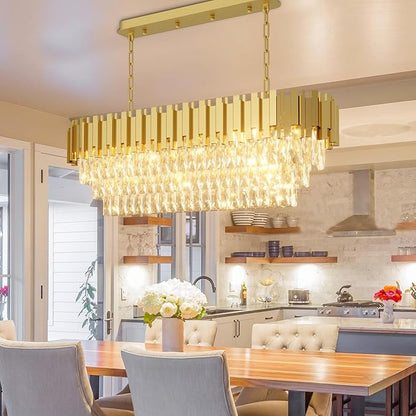 40'' L Modern Crystal Chandeliers for Dining Room 10 Lights Gold Chandelier Large Luxury Rectangular Crystal Chandelier Pendant Light Fixture, Kitchen Island,Entryway,Living Room