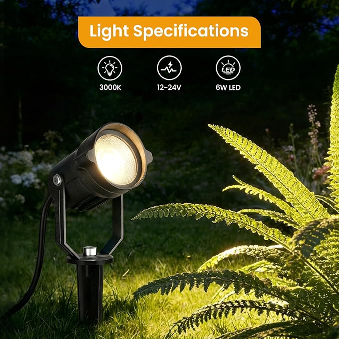 Low Voltage Landscape Lighting Kit, 6W Landscape Lights with Transformer 66FT UL-Listed Wire & Connectors, 3000K Waterproof Outdoor Spotlight Lights for Yard House Tree 12V-24V 8Pack