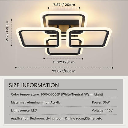 23.6inch Modern LED Ceiling Light 50W Dimmable Ceiling Lamp with Remote Control Square LED Flush Mount Ceiling Light Dining Room, Living Room, Kitchen, Bedroom, Office