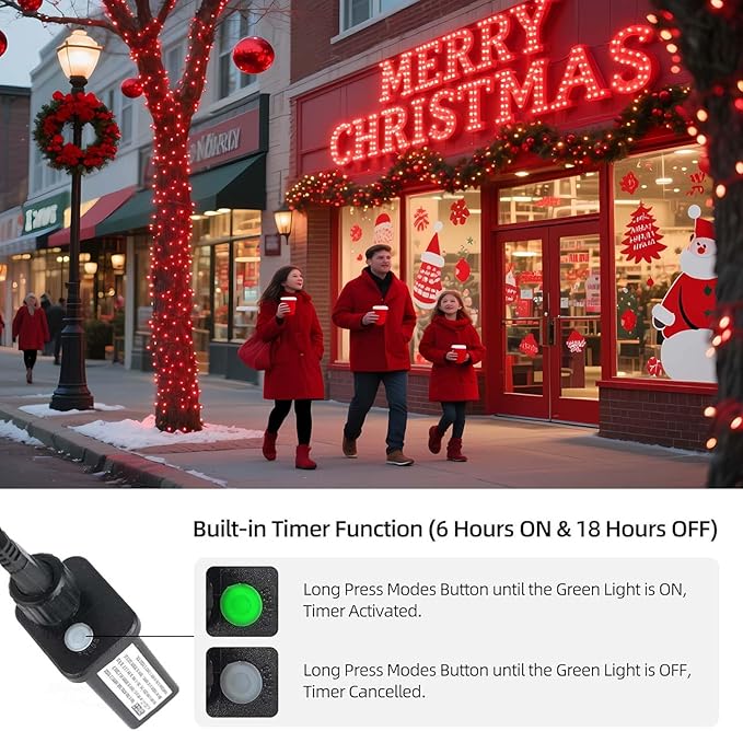 Tcamp 164FT 500 LED Red Christmas Lights, 8 Modes Christmas Tree Lights with Timer Memory Function, Green Wire Starry Fairy String Light for Xmas Tree Outdoor Indoor Decor