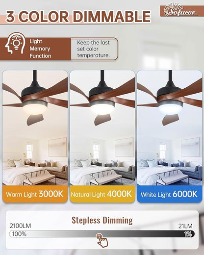 Sofucor 45 Inch Ceiling Fan with Lights and Remote, Indoor/Outdoor Ceiling Fan with Light 6-Speed 3 CCT 3-Timer, Low Profile Ceiling Fan 5 Blade Quiet DC Motor for Bedroom Living Room Patio
