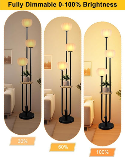 Black Floor Lamp Dimmable Modern Floor Lamps with Pumpkin Lampshade & Table, 3000K Soft Warm White Bulbs Included, 3-Light Tall Standing Lamp with 5Lbs Heavy Base for Living Room/Bedroom