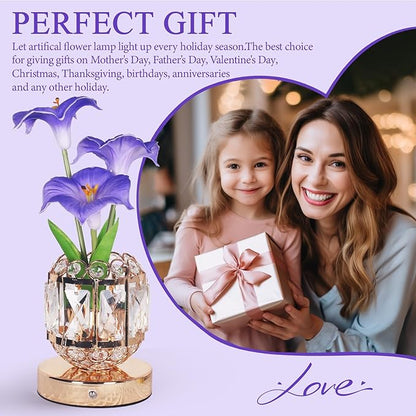 Flower Table Lamp, 3-Color Dimmable Artificial Flowers Night Light, Rechargeable Cordless Small Desk Lamp, Morning Glory with Crystal Vase for Party Date Home Decoration (Purple - Morning Glory)