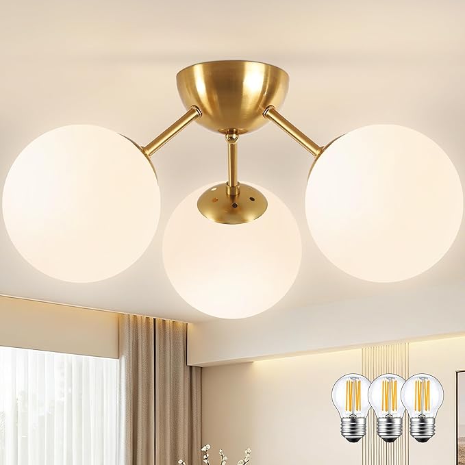 Bagood Mid-Century Modern Semi Flush Mount Ceiling Light 3 Lights Opal Glass Modern Globe Ceiling Light Gold Brass Sputnik Chandeliers for Hallway Entryway Kitchen Bedroom Laundry(Bulb Incl.)