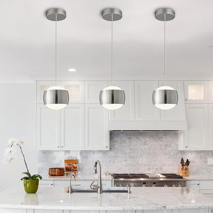 Modern Chrome LED Dimmable Pendant Light fixtures,6″ Island Pendant Lighting for Kitchen Island Dinning Room,Bedroom,Bar, Kitchen Island Ceiling Hanging Light Fixtures(Chrome-1-Pack)