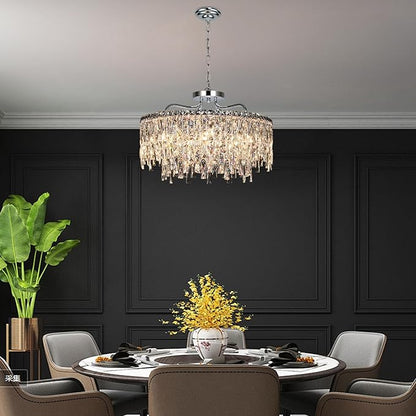 Luxury Crystal Chandelier, 24" Modern Round Dining Room Chandeliers Over Table，8 Lights Chrome Ceiling Pendant Ceiling Lighting for Living Room Bedroom Entryway Foyer Staircase