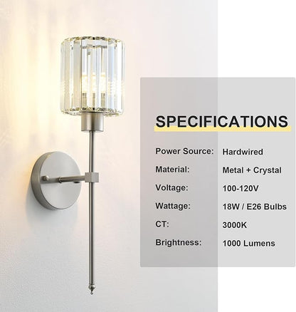KARTOOSH Hardwired Crystal Wall Sconces Set of Two - Dimmable Wall Light Fixtures 3000K, Warm White, for Hallway, Bathroom, Living Room, Bedroom, Nickel, 20.1 Inch