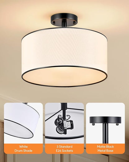 VONLUCE Semi-Flush Mount Ceiling Light, 15" Modern 3-Light Ceiling Light Fixture with White Drum Shade 3 E26 Sockets for Bedroom Entryway Living Room, Black Finish, ETL Certificated
