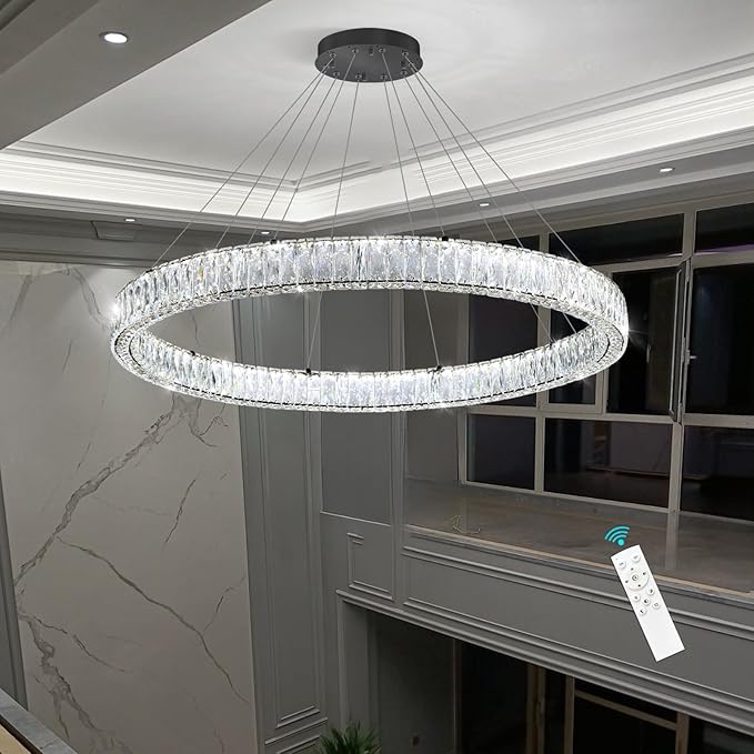 HAIXIANG Modern Crystal Chandelier Dimmable Large Ring LED Pendant Lights Adjustable Glam Chandeliers Lighting Fixtures for Dining Room Living Room Bedroom Black Light