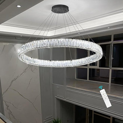 HAIXIANG Modern Crystal Chandelier Dimmable Large Ring LED Pendant Lights Adjustable Glam Chandeliers Lighting Fixtures for Dining Room Living Room Bedroom Black Light