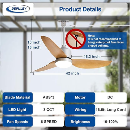Depuley 42-Inch Ceiling Fans with Lights: Outdoor Waterproof Ceiling Fan for Patios - Plug in Gazebo Fans with Remote Control - Low Profile Outdoor Fan 3 CCT DC Motor for Pergola Porch - Wood Color