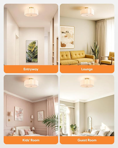 VONLUCE Semi-Flush Mount Ceiling Light, 15.7" Modern 3-Light Ceiling Light Fixture with White Petal-Shaped Shade 3 E26 Sockets for Bedroom Entryway Living Room, Gold Finish, ETL Certificated