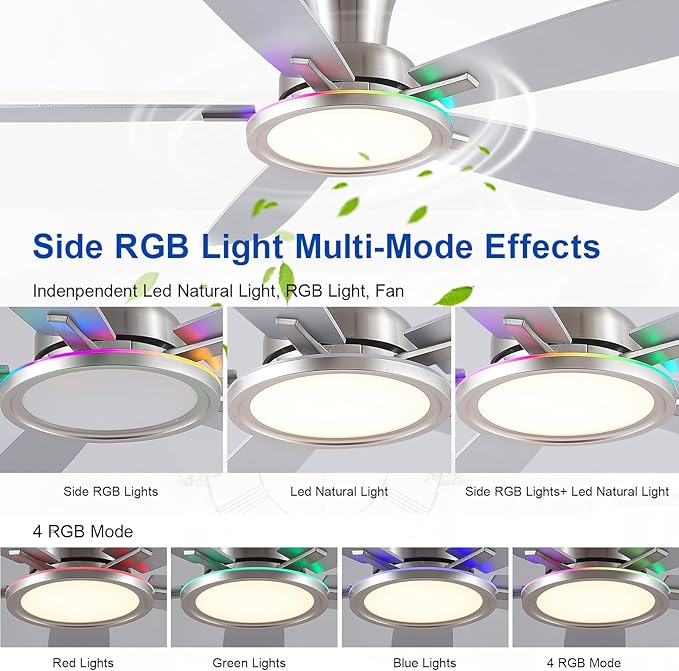 BYKISTOK 52" RGB Ceiling Fan with Light and Remote/App - Flush Mount Ceiling Fan Light with Reversible Mute Motor, RGB Ring, 5 Dual-Sided Blades, Low Profile Ceiling Fans for Indoor, Party