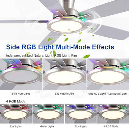 BYKISTOK 52" RGB Ceiling Fan with Light and Remote/App - Flush Mount Ceiling Fan Light with Reversible Mute Motor, RGB Ring, 5 Dual-Sided Blades, Low Profile Ceiling Fans for Indoor, Party