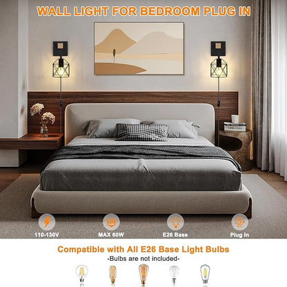 Lightess Plug in Wall Sconces Set of 2 with On/Off Switch, Industrial Wall Lights Metal Cage Lampshade, Black Farmhouse Wall Mounted Lamp for Bedroom Living Room
