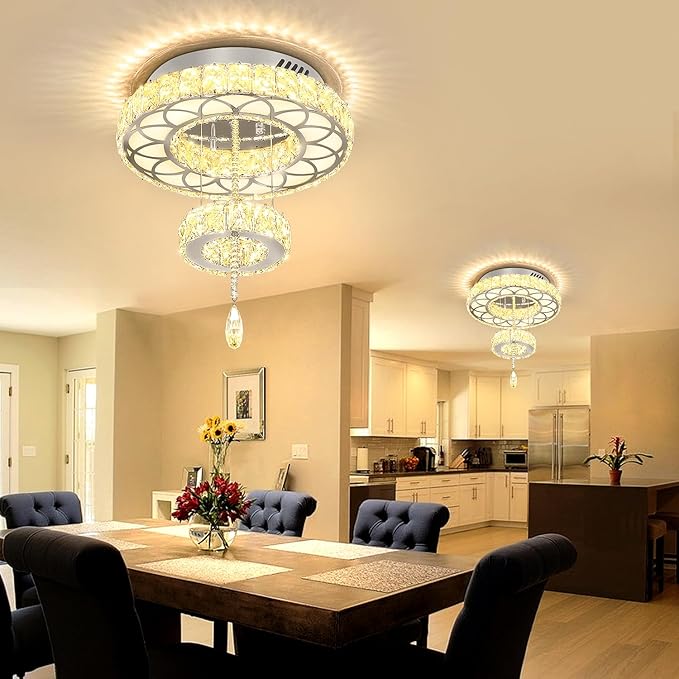 Flashing God Dia 12" Crystal Mini Chandelier Crystal Silver Ceiling Light Fixtures LED Flush Mount Ceiling Light for Living Room Bedrooms Dining Room Dimmable 2700k 4500k 6000k