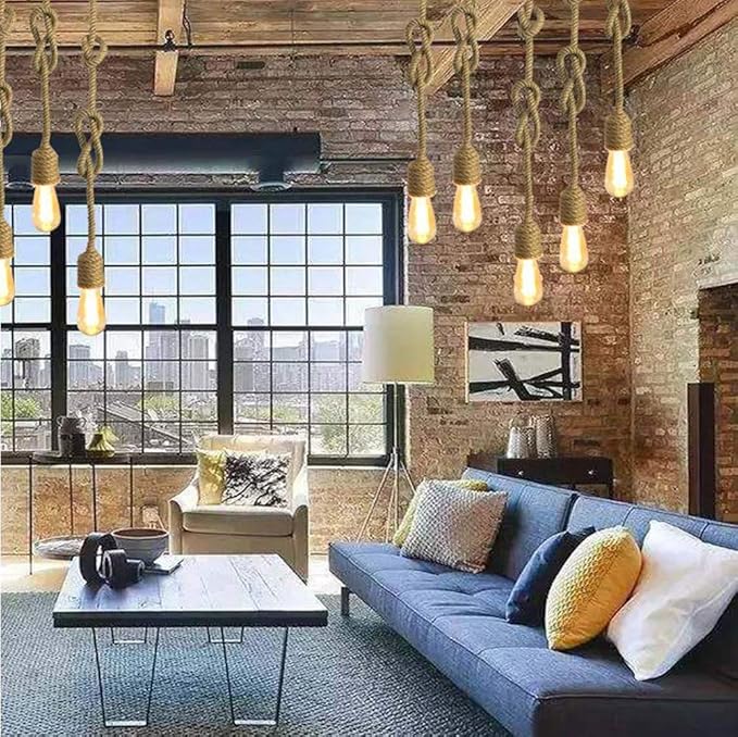 4 Head 2M Vintage Hemp Rope Light E26/E27 Base, Pendant Ceiling Light Lamp,Retro Style for Dining Hall Restaurant Bar Lighting(Bulb not Included)