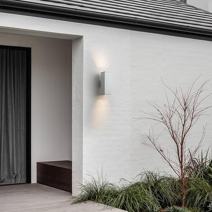mirrea 14" Modern Outdoor Porch Light Patio Light in 2 Lights with Aluminum Rectangular Tube and Tempered Glass Cover Waterproof Wall Sconce 2 Pack (Matte White)