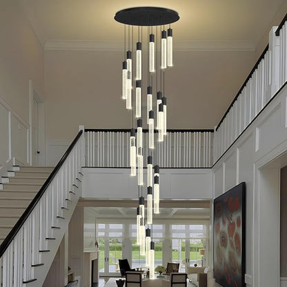 12FT Black Crystal Chandelier 26-Lights Modern LED Dimmable Pendant Lighting High Ceiling Hanging Fixture for Foyer Entryway Staircase Living Room Dining Room Villa Luxury Glam Ceiling Light
