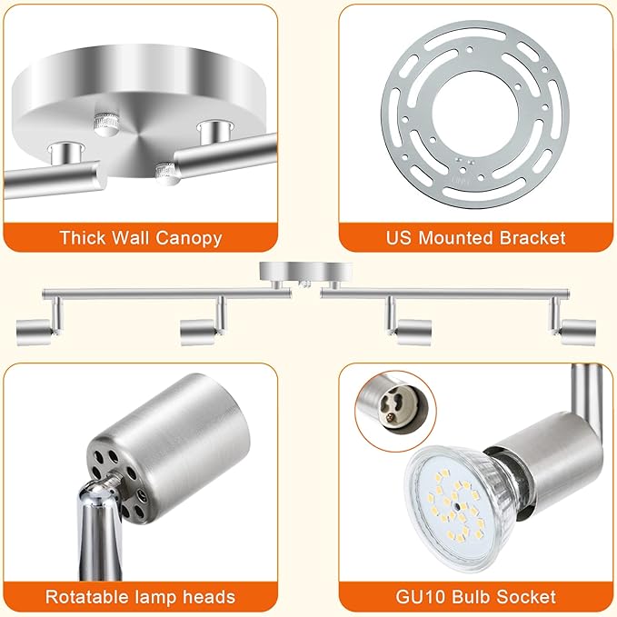 Track Lighting Kit, 4 Head Foldable Ceiling Spot Light with GU10 Socket for Kitchen Hallyway Bedroom Fixture Directional Accent Lamp