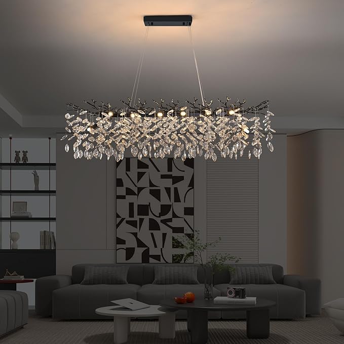 Modern Crystal Tree Branch Chandelier L40'', Black Linear Rectangle Art Deco Pendant Light Raindrop Lighting Fixture for Dining Room Kitchen Island 10 Lights