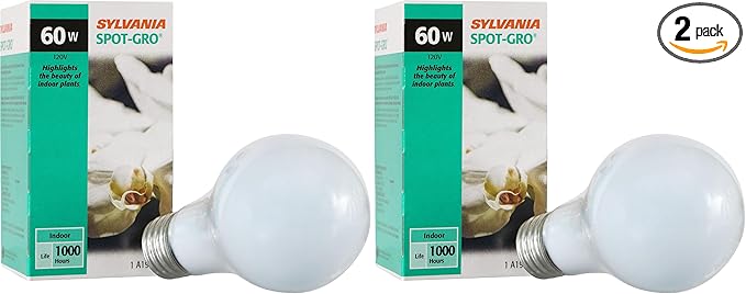 LEDVANCE Sylvania Incandescent Spot-GRO 60W Grow Light Bulb, A19, Dimmable, 705 Lumens, Frosted, 2850K, Soft White - 2 Pack (12280)