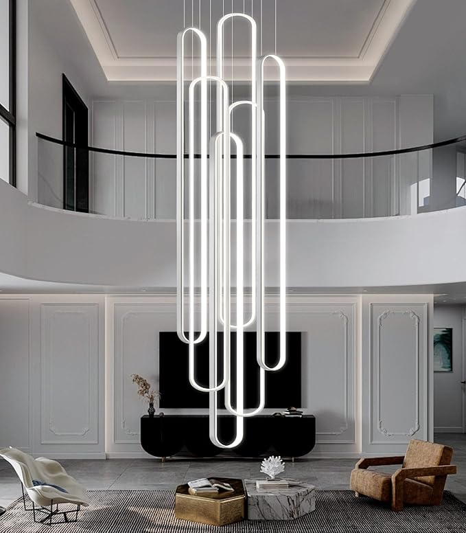 6 Rings Modern Large Chandelier for Staircase High Ceiling Chandelier LED Dimmable Black Chandeliers for Foyer Living Room Villa Sliver