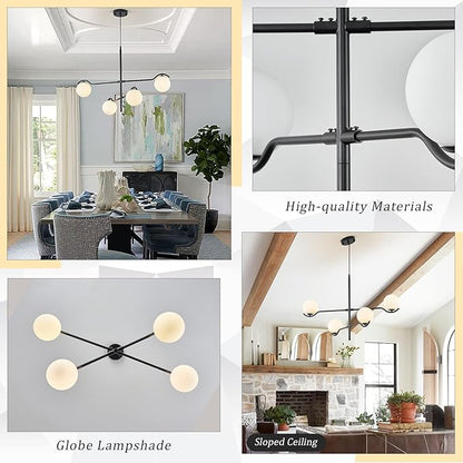 CATINER Black Sputnik Chandelier, Modern 4 Lights L31 '' Large Mid Century Long Ceiling Pendant Light Fixtures with Milk Glass Globe Shades for High Ceiling Living Dining Room Foyer Bedroom