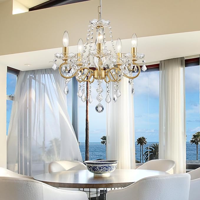 Mini Crystal Chandelier, Golden Crystal Lighting,5-Light Modern Chandelier for Living Room Kitchen Island Entryway Bedroom