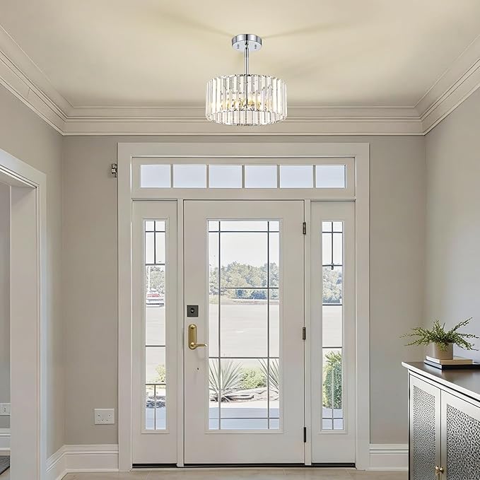 YURNYQ Chrome Crystal Chandelier, Small Modern Semi Flush Mount Ceiling Chandelier Light Fixtures, Round Hanging Lighting Fixture for Kitchen Bedroom Hallway Entryway Laundry Room, 3-Light, 11.8 Inch