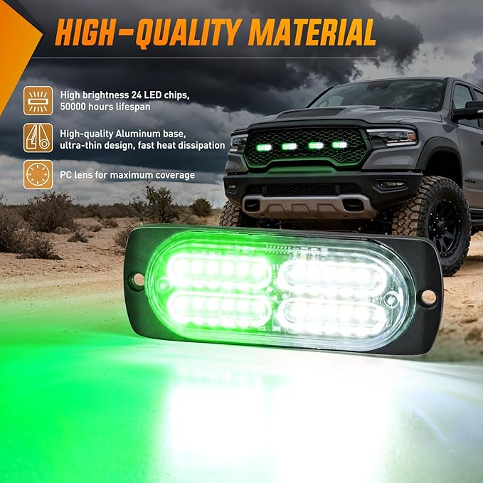 Nilight 4PCS 24LED Emergency Strobe lights 12V 24V Green White Surface Mount Grille Hazard Safety Warning Light Sync Feature Side Flashing Marker Flash for Car Truck Campers