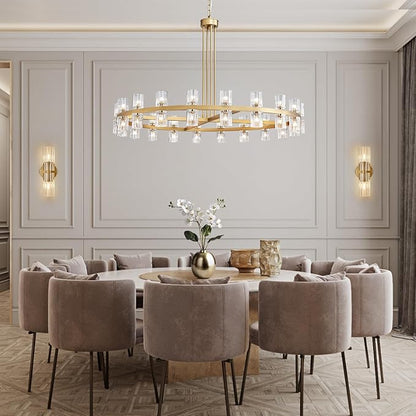 48" Gold Wagon Wheel Crystal Chandelier, Modern Round Chandelier for Dining Room Table, K9 Crystal Ceiling Chandelier for Living Room Entryway Foyer, Includes 40× G4 Bulbs