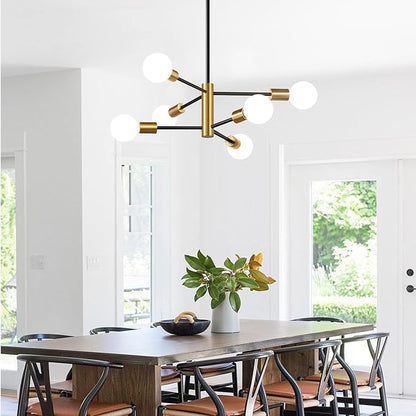 30" Chandelier Dining Room Light Fixture, 6-Light Modern Sputnik Chandeliers Brushed Gold and Black Mid Century Chandelier Over Table, Height Adjustable Chandeliers for Dining Room Living Room Kitchen