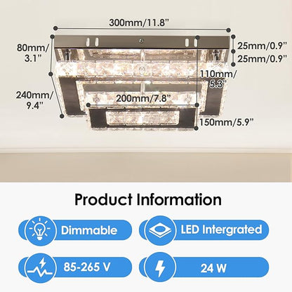 Dimmable Crystal LED Flush Mount Ceiling Light, 11.8"×9.1" Rectangular Close to Ceiling Chandelier, 24W K9 Crystal & Stainless Steel, Remote & App Control, 2700–6500K CCT for Bedroom Living Room