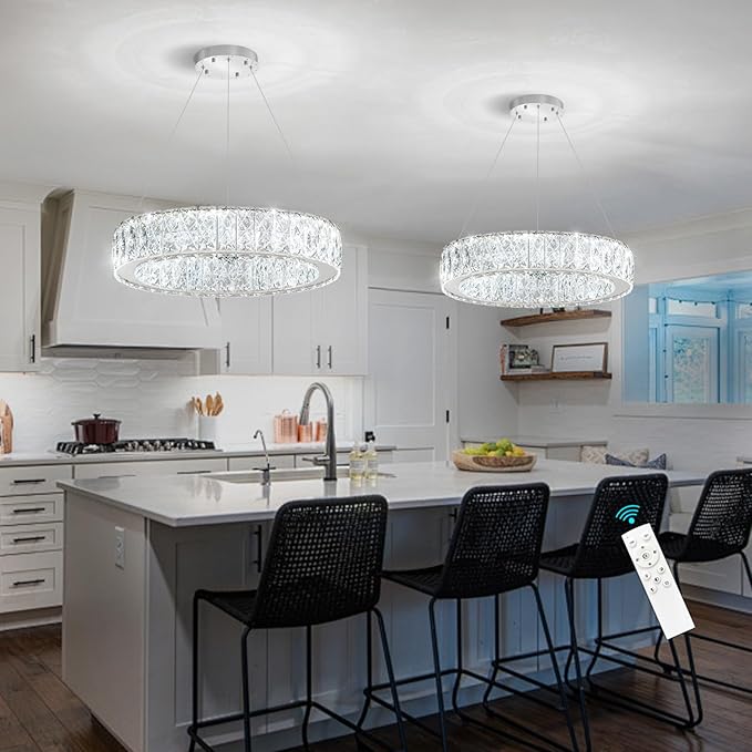 Modern Crystal Chandelier 15W LED Dimmable Lighting Fixture Adjustable Round Pendant Light for Dining Room Living Room Kitchen Bedroom Silver