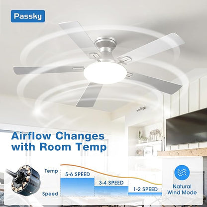 Passky Ceiling Fans with Lights, 42 inch Flush Mount Ceiling fan with Remote Control, Low Profile Ceiling Fan for Bedroom, Farmhouse, Reversible, 3CCT, Dimmable, Noiseless DC Motor, Silver