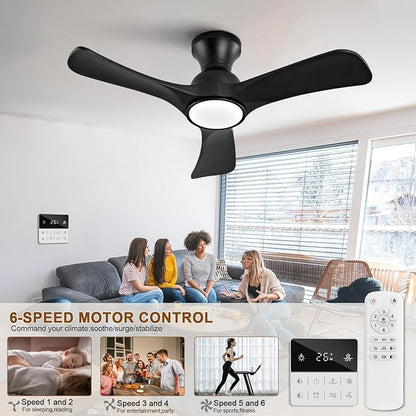 36 inch Black Ceiling Fans with Lights Flush Mount, Solid Wood,Remote Control,Wall Switch,Dimmable,Reversible,Noiseless,Power Off Memory Modern Ceiling Fan Low Profile for Bedroom Indoor/Outdoor