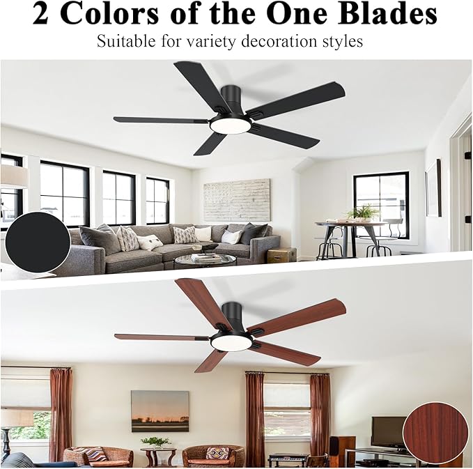 SNJ 60 Inch Black Ceiling Fans with Lights and Remote,Flush Mount Low Profile 5 Blades Ceiling Fan,Dimmable Quiet Reversible DC Motor for,Living Room,Bedroom and Patio
