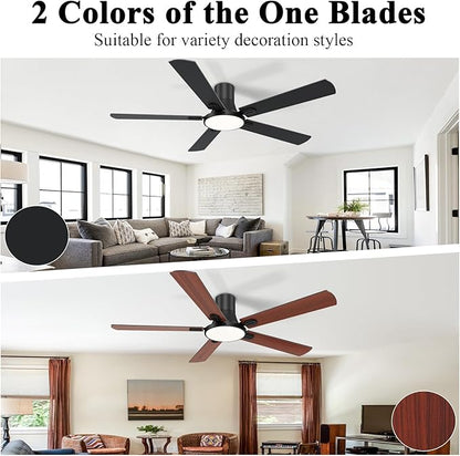 SNJ 60 Inch Black Ceiling Fans with Lights and Remote,Flush Mount Low Profile 5 Blades Ceiling Fan,Dimmable Quiet Reversible DC Motor for,Living Room,Bedroom and Patio
