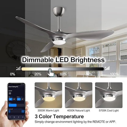 reiga 52 Inch Modern Smart Wifi Ceiling Fan with Light and Remote Control, Living Room Bedroom patio 3 Blade Ceiling Fans with Reversible Mute DC Moto