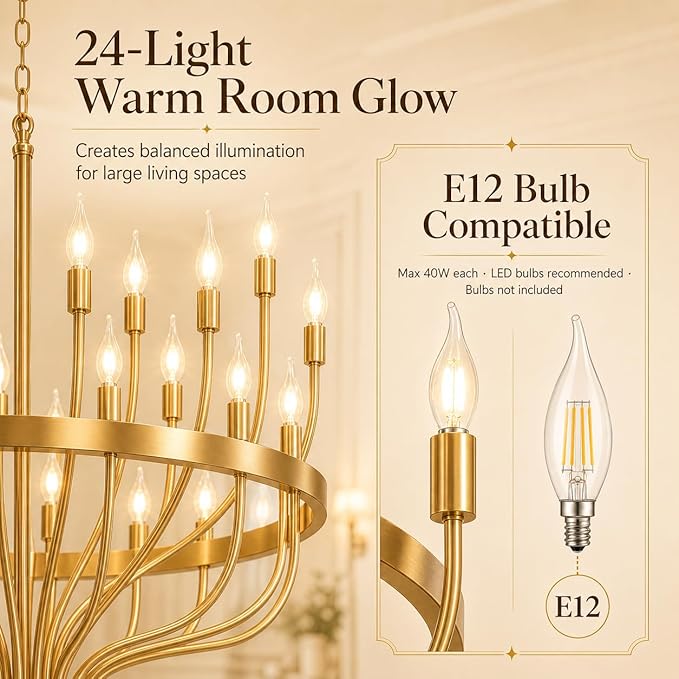 Shandaglo Large Gold Chandelier 24-Light, 39in Wagon Wheel Chandelier for High Ceilings, 3-Tier Foyer Chandelier for Entryway, Dining Room Light Fixture, Living Room Farmhouse Ceiling Light ﻿
