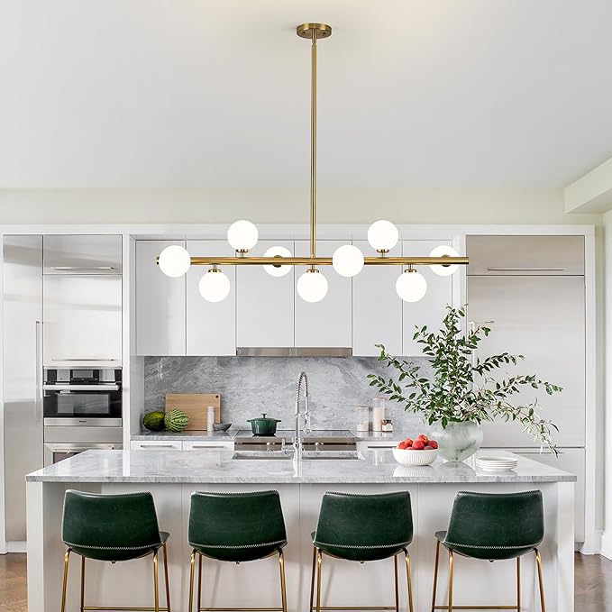 Mid Century Modern Globe Sputnik Chandelier, 9-Light Linear Chandeliers for Dining Room and Kitchen Island, Dining Light Fixture Over Table, Brass Gold and Milk White Glass Bubble, 40 Inch