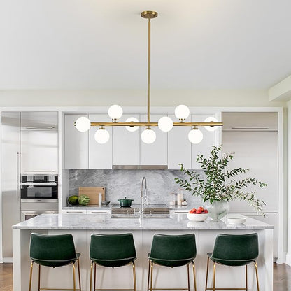 Mid Century Modern Globe Sputnik Chandelier, 9-Light Linear Chandeliers for Dining Room and Kitchen Island, Dining Light Fixture Over Table, Brass Gold and Milk White Glass Bubble, 40 Inch