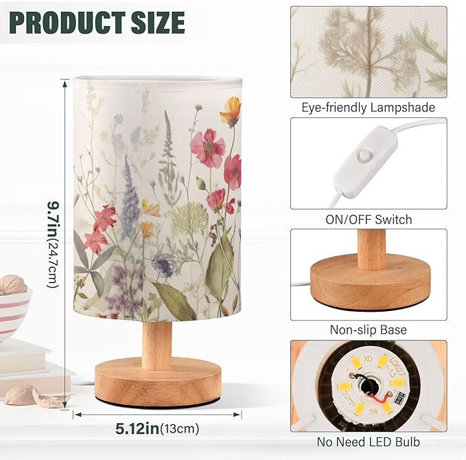 Bedside Table Lamp Retro Colorful Herbs Wild Florals Nightstand Lamp with Wood Desk Lamps for Bedroom Living Room Nursery Office Home Decor