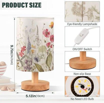 Bedside Table Lamp Retro Colorful Herbs Wild Florals Nightstand Lamp with Wood Desk Lamps for Bedroom Living Room Nursery Office Home Decor